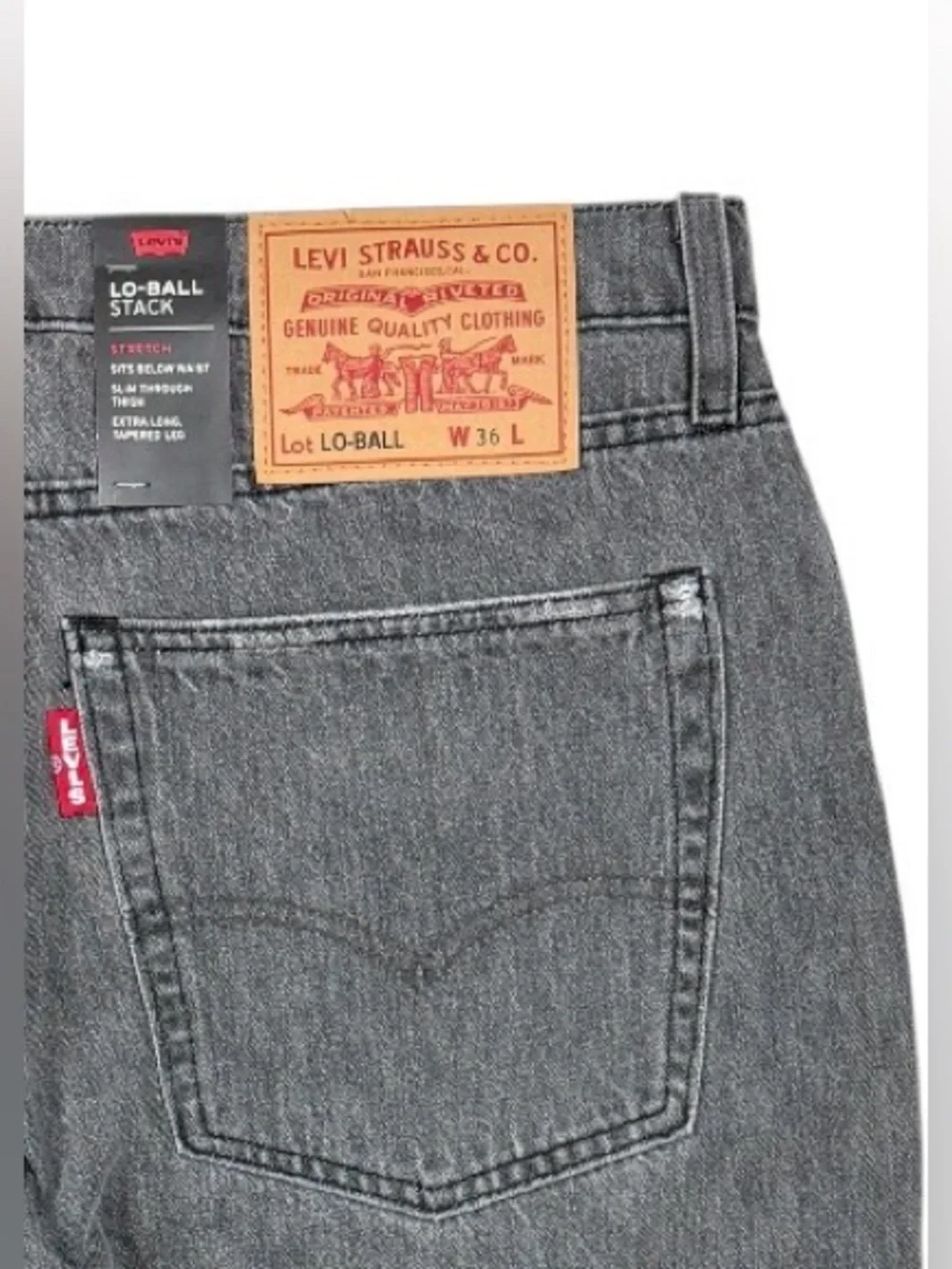 Levis Premium Lot Lo Ball Stack Tapered Stretch Jeans 36x36 Gray Distressed NWT